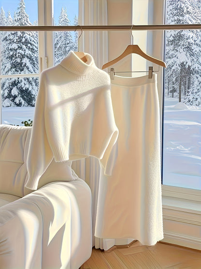 طقم ملابس تريكو نسائي لفصل الخريف والشتاء - فستان طويل فضفاض مع سترة بياقة عالية، بلون واحد
