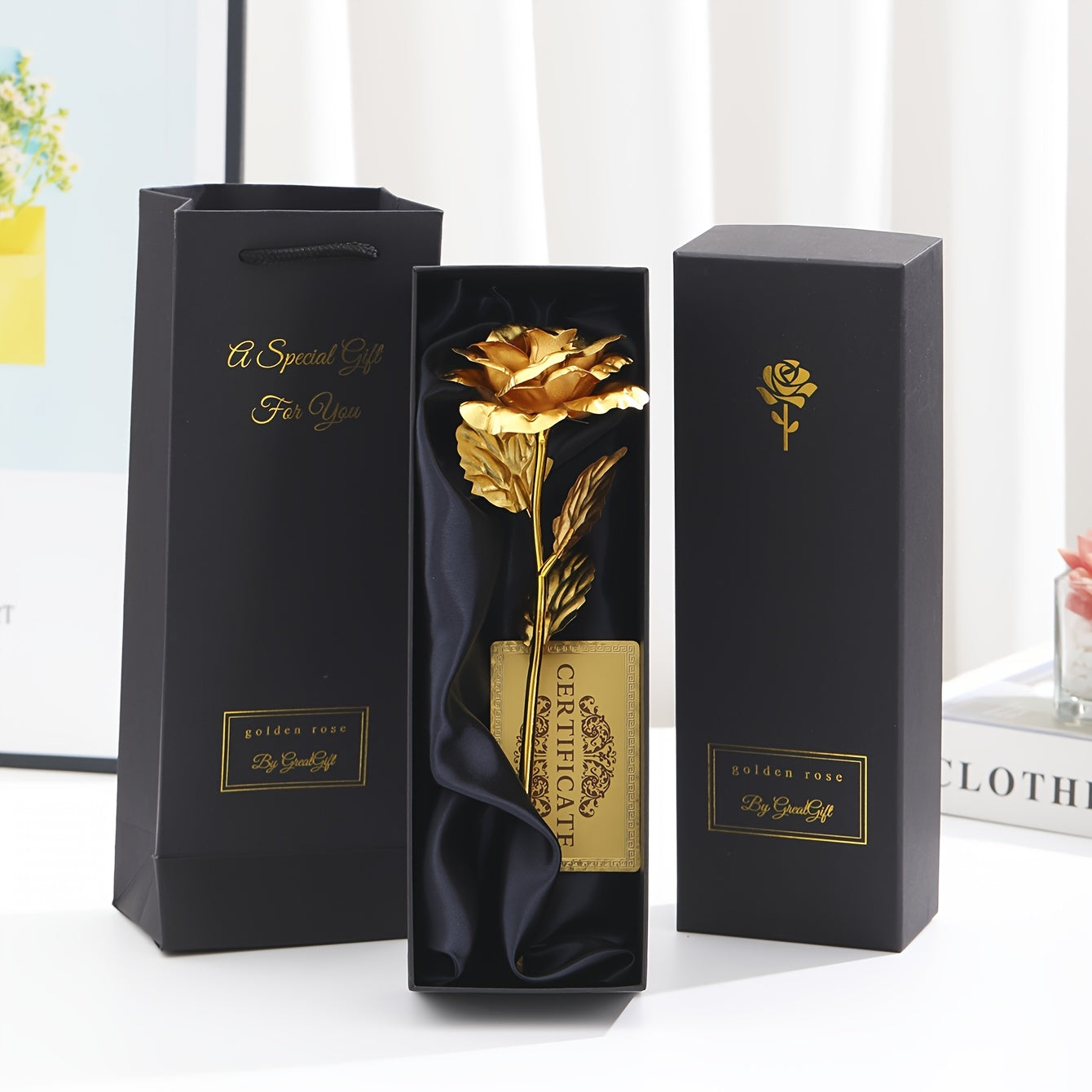 Golden Foil Rose Gift Box Set – Elegant Faux Rose Keepsake for Mother’s Day, Birthdays, Parties & Romantic Gifts