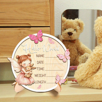 Hello World" Wooden Birth Announcement Board with Butterfly & Name/Date/Time/Weight/Length - Elegant Pink & Golden Lettering, Marker Included - Perfect for Decor
