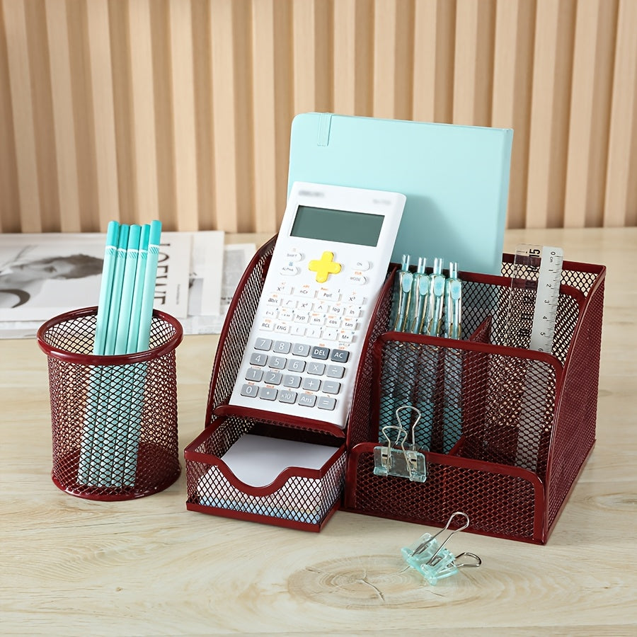 2-Piece Mesh Desk Organizer Set with Sticky Note Holder – Expandable Rustproof Iron Caddy for Home, Office & School Supplies (Black, Green, Pink, Purple)