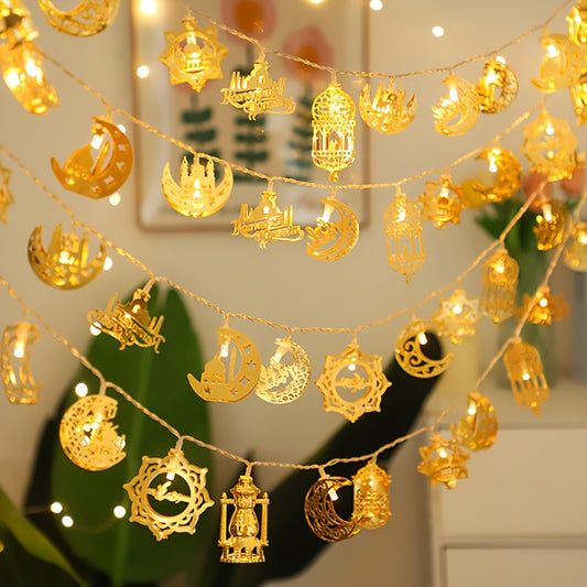 10-LED Mixed Style Iron Moon Castle Oil Lamp String | Durable Ramadan Festival Decoration, Suitable for Ramadan, Spring, Winter, Bedroom, Battery Powered (Battery Not Included)