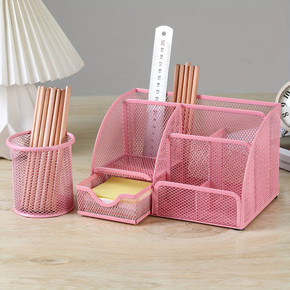 2-Piece Mesh Desk Organizer Set with Sticky Note Holder – Expandable Rustproof Iron Caddy for Home, Office & School Supplies (Black, Green, Pink, Purple)