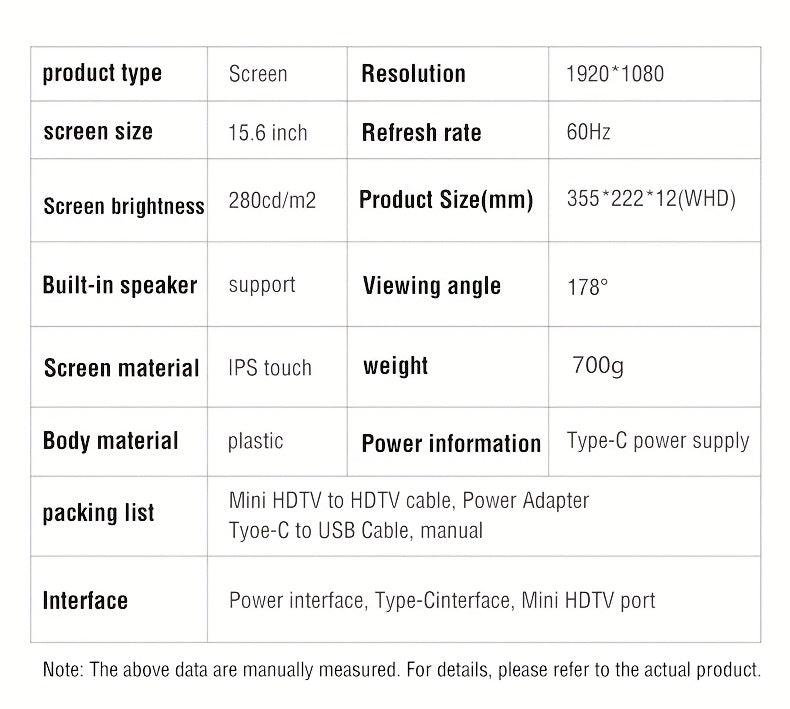Anmite 15.6-Inch Portable Touch Monitor, 1080P HDR, Built-In Vertical Stand, Low Blue Light, Suitable for Xbox/Ps5/Switch/Mobile/Pc/Laptop Expansion.