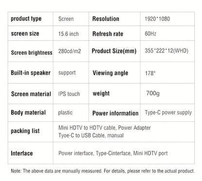 Anmite 15.6-Inch Portable Touch Monitor, 1080P HDR, Built-In Vertical Stand, Low Blue Light, Suitable for Xbox/Ps5/Switch/Mobile/Pc/Laptop Expansion.