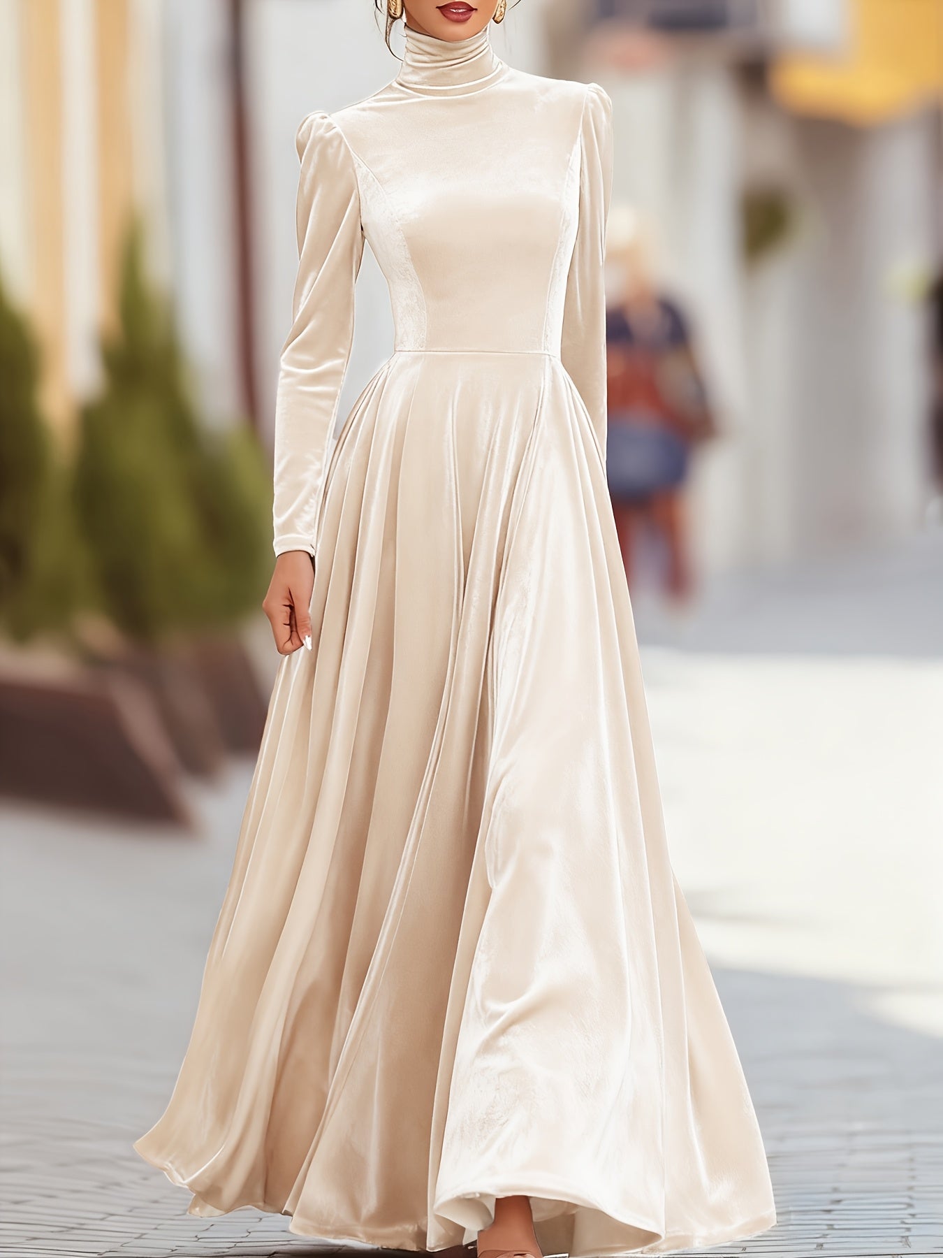 Women’s Elegant Navy Velvet Long Sleeve Evening Dress – High Neck A-Line Formal Gown with Zipper Back, Perfect for Weddings, Galas & Parties