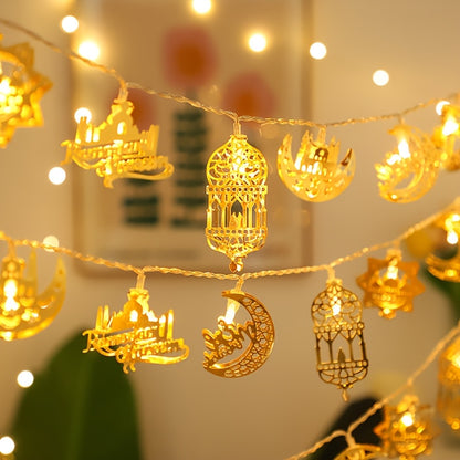 10-LED Mixed Style Iron Moon Castle Oil Lamp String | Durable Ramadan Festival Decoration, Suitable for Ramadan, Spring, Winter, Bedroom, Battery Powered (Battery Not Included)