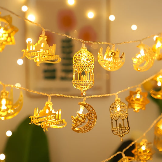 10-LED Mixed Style Iron Moon Castle Oil Lamp String | Durable Ramadan Festival Decoration, Suitable for Ramadan, Spring, Winter, Bedroom, Battery Powered (Battery Not Included)