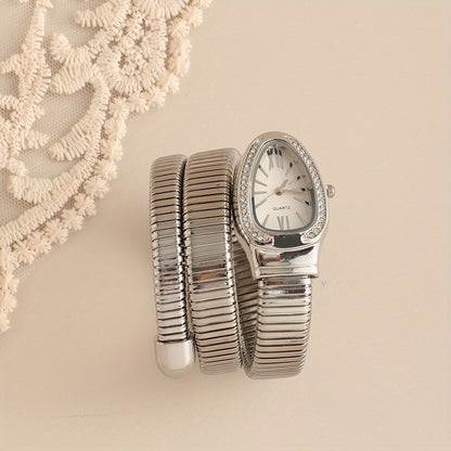 Women’s Snake-Shaped Wrap Watch with Crystals – Elegant Golden & Rose Gold Metal Band, Oval Dial, Quartz Movement, Sophisticated Fashion Timepiece