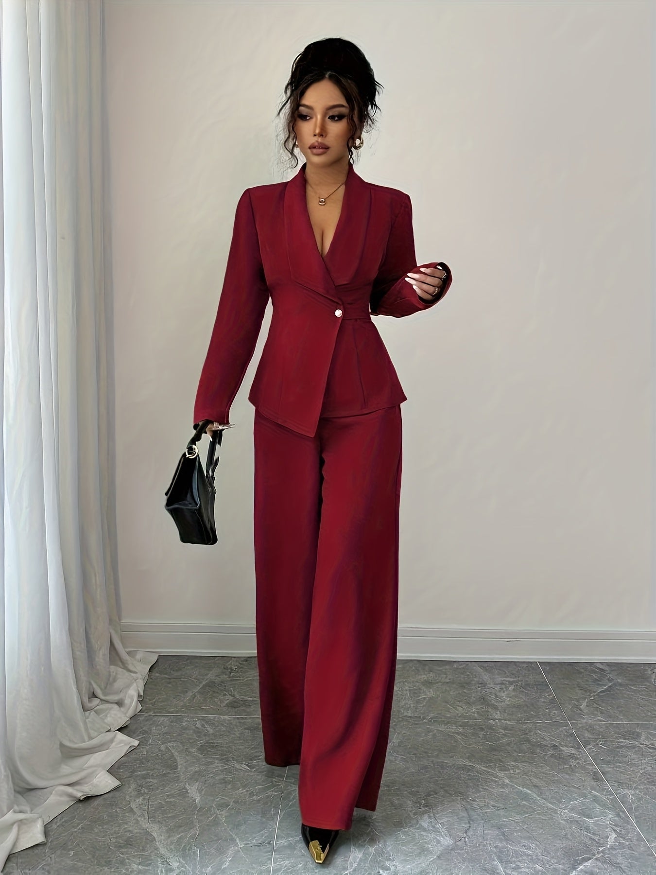 Women’s Elegant Solid Color Pants Suit – Chic Two-Piece Set with Button Details for All-Season Wear