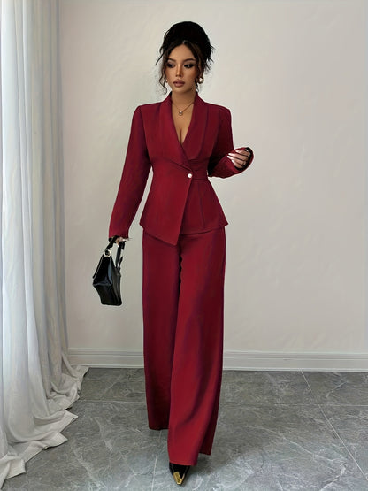 Women’s Elegant Solid Color Pants Suit – Chic Two-Piece Set with Button Details for All-Season Wear
