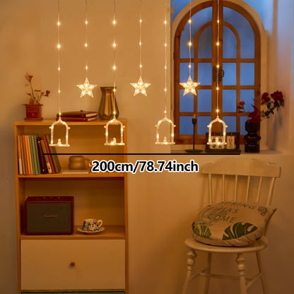 1pc Ramadan Lamp Decoration, Ramadan Curtain Light, Muslim Ramadan LED String Light, Crescent Moon Curtain Light, Moon Castle Curtain Light, Home Holiday Decoration, Warm and Romantic Atmosphere Light, Perfect for Ramadan, Ei
