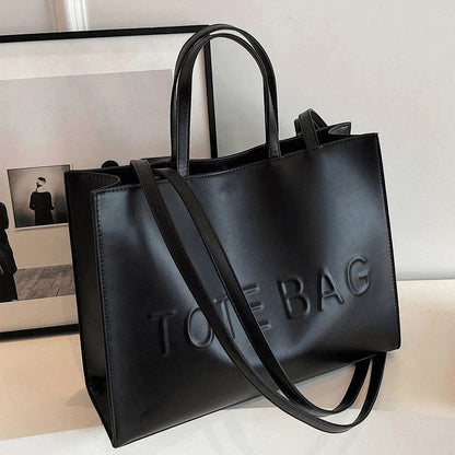 PU Textured Large-Capacity Women’s Tote Bag — Vintage Commuter Shoulder & Crossbody Bag with ‘TOTE BAG’ Embossed Design, Durable and Lightweight, Ideal for Work, Business & School, Available in Black, Brown, and Silve