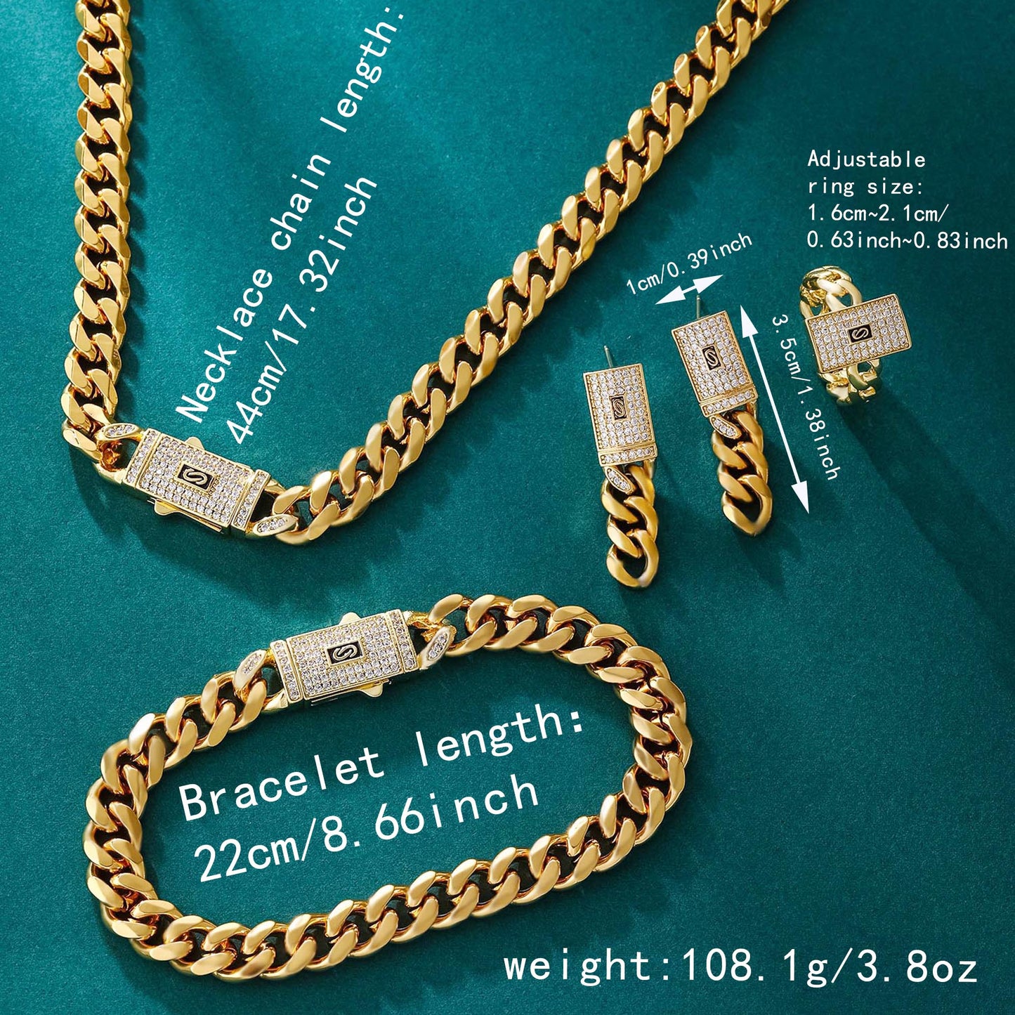 Golden Chain Jewelry Set – Necklace, Bracelet, Earrings & Open Ring with Synthetic Zircon, Punk Hip-Hop Style for Daily Wear & Holiday Gifts