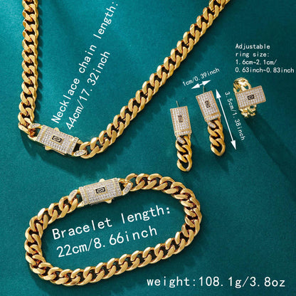 Golden Chain Jewelry Set – Necklace, Bracelet, Earrings & Open Ring with Synthetic Zircon, Punk Hip-Hop Style for Daily Wear & Holiday Gifts