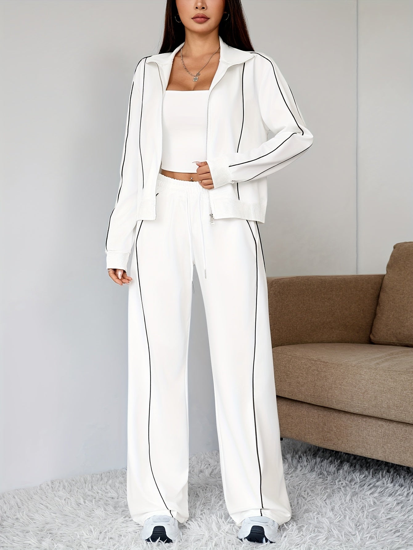 طقم نسائي من قطعتين، جاكيت بسحاب متعدد الألوان وبنطلون برباط، مناسب للربيع والخريف