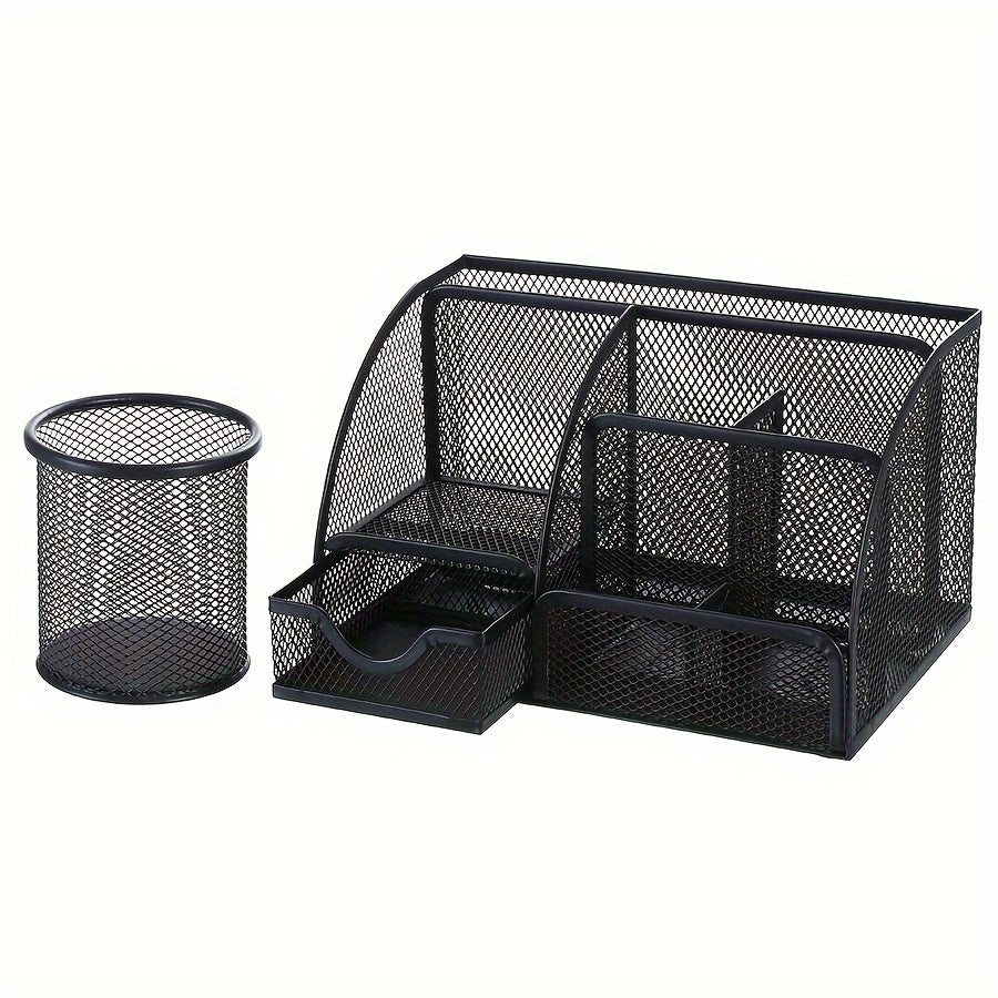 2-Piece Mesh Desk Organizer Set with Sticky Note Holder – Expandable Rustproof Iron Caddy for Home, Office & School Supplies (Black, Green, Pink, Purple)