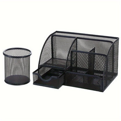 2-Piece Mesh Desk Organizer Set with Sticky Note Holder – Expandable Rustproof Iron Caddy for Home, Office & School Supplies (Black, Green, Pink, Purple)