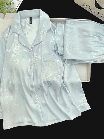 2025 Women’s Ice-Silky Fiber Two-Piece Set – Lightweight Long-Sleeve Top with Chest Pad & Loose Pants, Soft Summer Home Wear in Blue