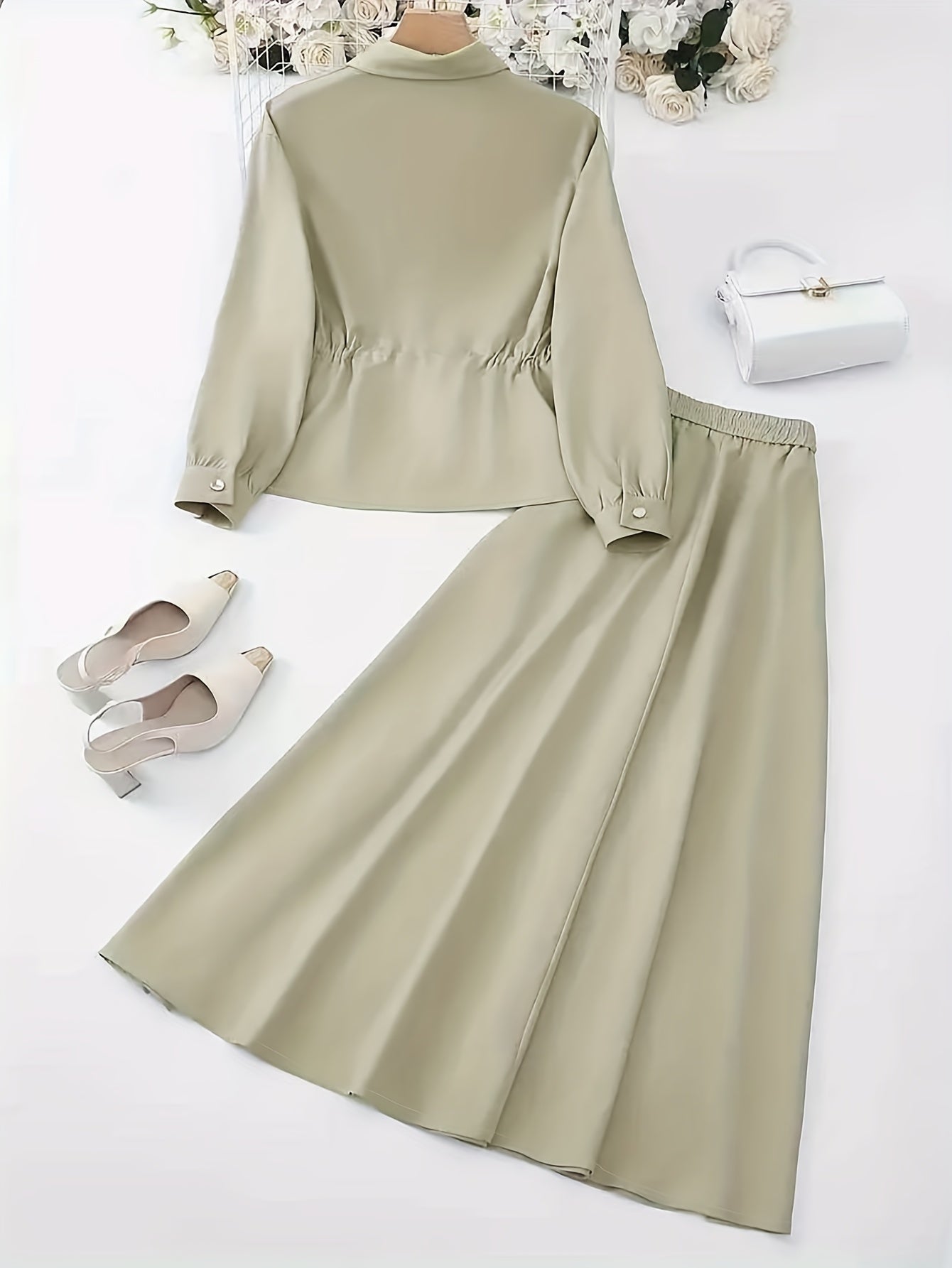 Elegant Women’s Drawstring Waist Top & Skirt Set – Spring/Autumn Collection