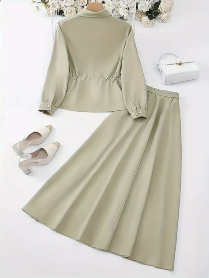 Elegant Women’s Drawstring Waist Top & Skirt Set – Spring/Autumn Collection