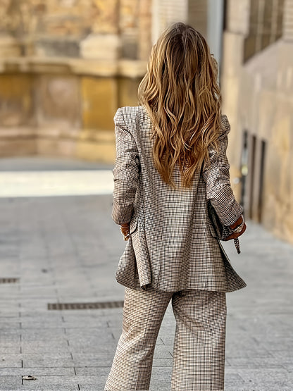 Women’s Two-Tone Plaid Blazer & Pants Set — Double-Breasted, Long Sleeve, Loose Fit, All-Season Wear