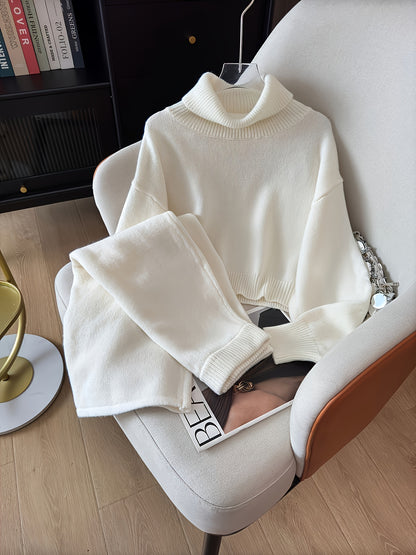 طقم ملابس تريكو نسائي لفصل الخريف والشتاء - فستان طويل فضفاض مع سترة بياقة عالية، بلون واحد