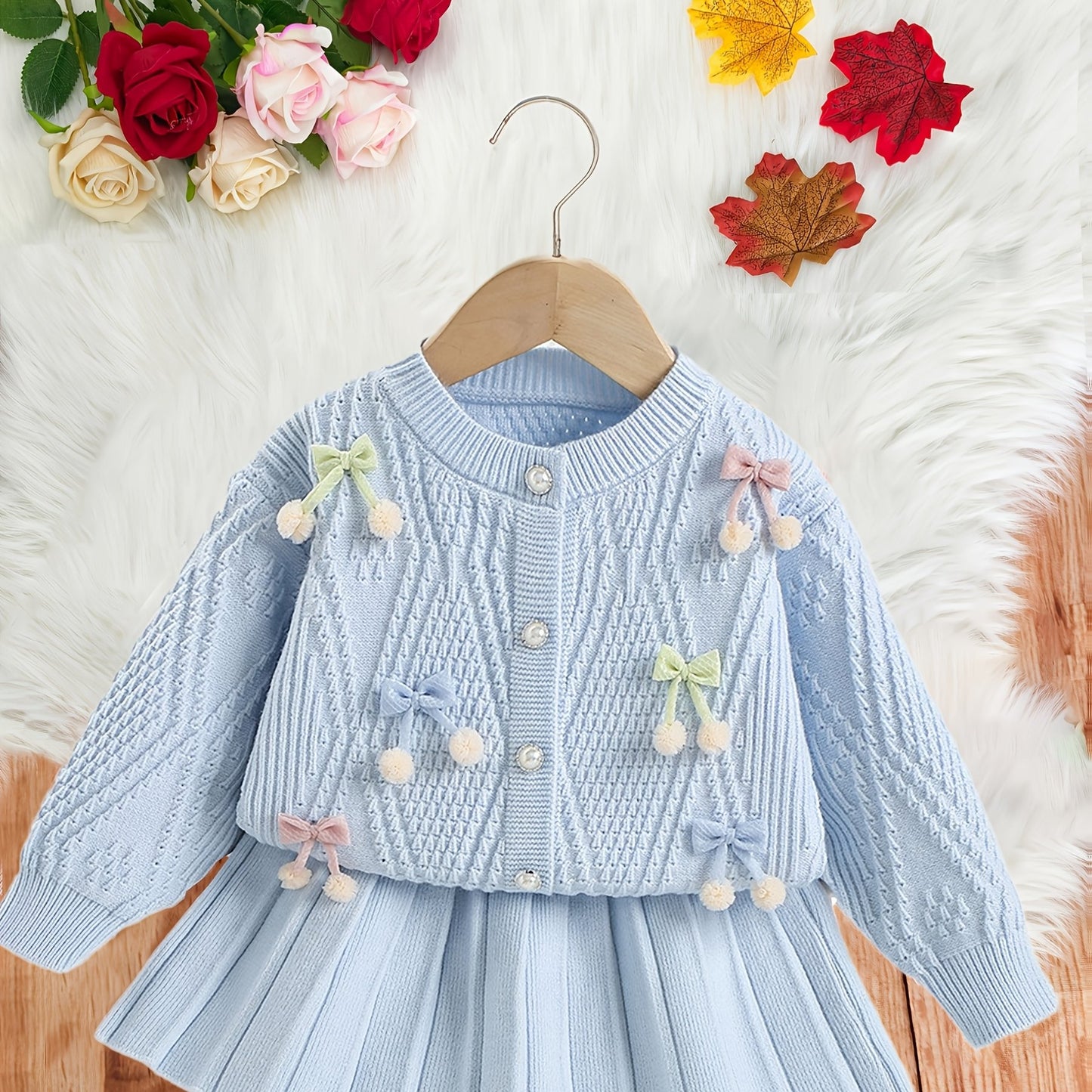 Girls’ Adorable Knit Cardigan & Pleated Skirt Set – Cozy Winter 2-Piece Outfit for Toddlers & Kids (8M–8Y)