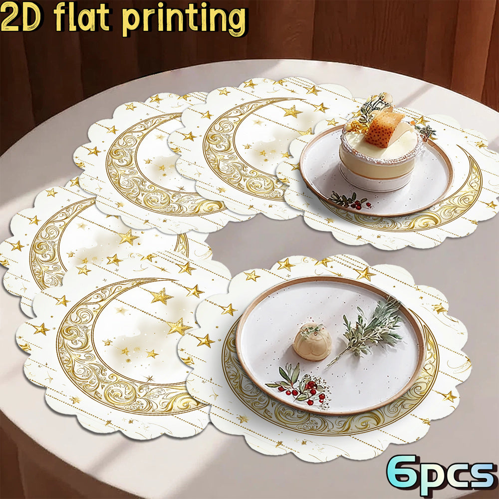 6pcs 2D Flat Printing Ramadan Golden Crescent Star Decorative Pattern Placemats, for Ramadan Gatherings, Festival Tables, Creating Warm Gorgeous Ramadan Atmosphere, Fitting Festive Meal and Table Decor, Suiting Holiday Dining