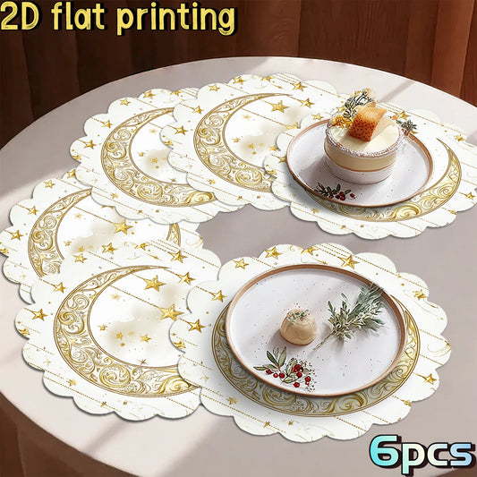 6pcs 2D Flat Printing Ramadan Golden Crescent Star Decorative Pattern Placemats, for Ramadan Gatherings, Festival Tables, Creating Warm Gorgeous Ramadan Atmosphere, Fitting Festive Meal and Table Decor, Suiting Holiday Dining