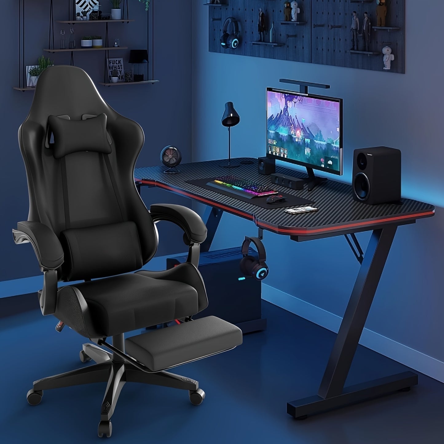 Ergonomic Gaming Chair – Adjustable High-Back Faux Leather Seat with Lumbar Support & Silent Casters, Black