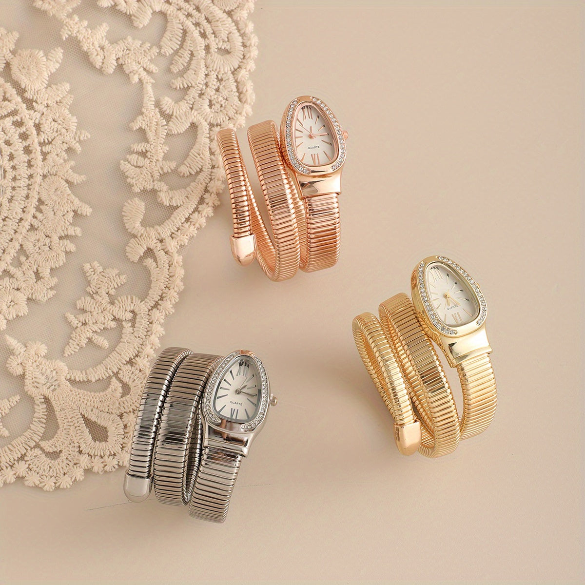 Women’s Snake-Shaped Wrap Watch with Crystals – Elegant Golden & Rose Gold Metal Band, Oval Dial, Quartz Movement, Sophisticated Fashion Timepiece