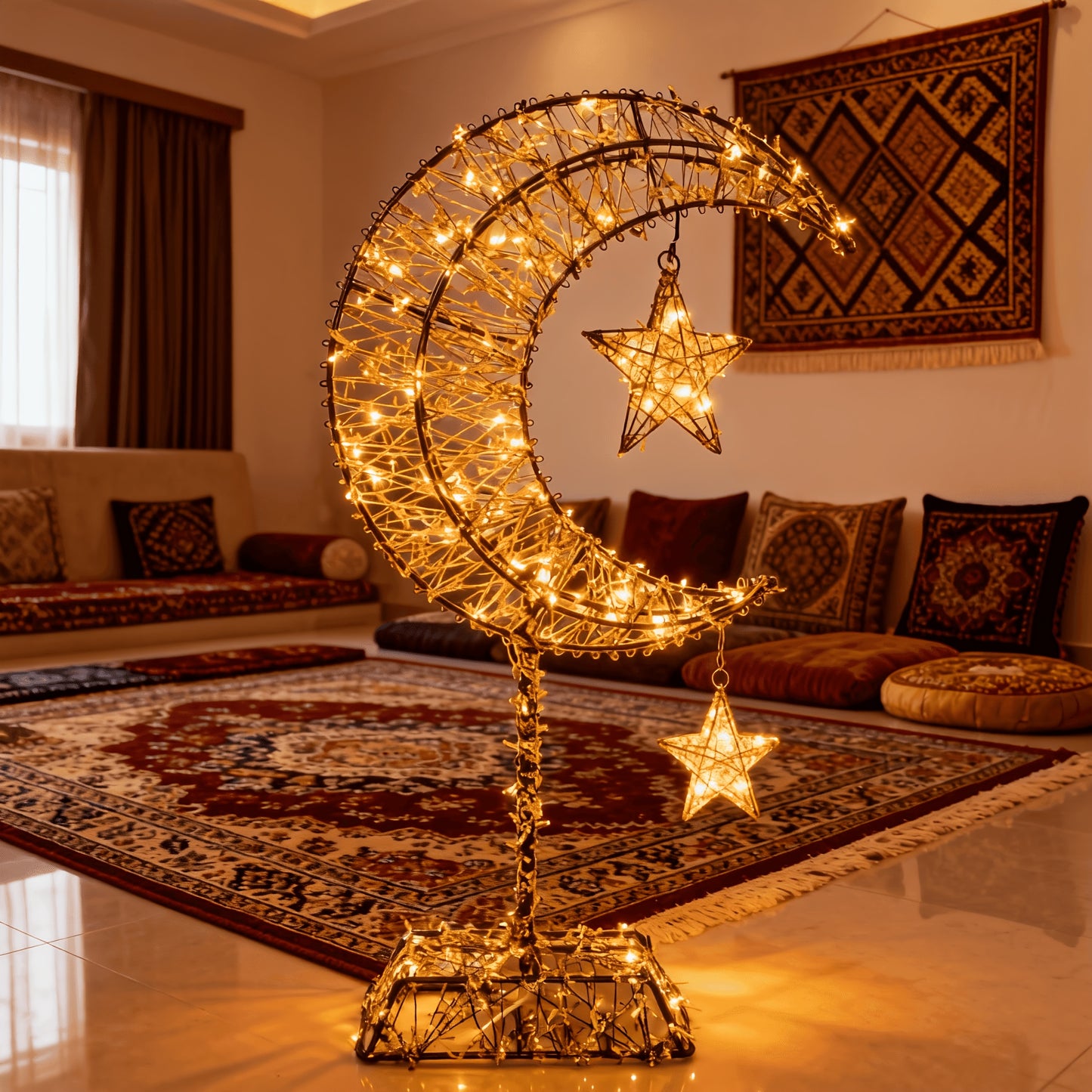 1pc Ramadan Decoration Featuring a Large Moon and Stars, Equipped with 20 LED Lights, Battery-powered, with a Metal Cutout Design. Easy-to-install Ramadan Ornament, Suitable for Festive and Celebratory Home Decor. Requires 2