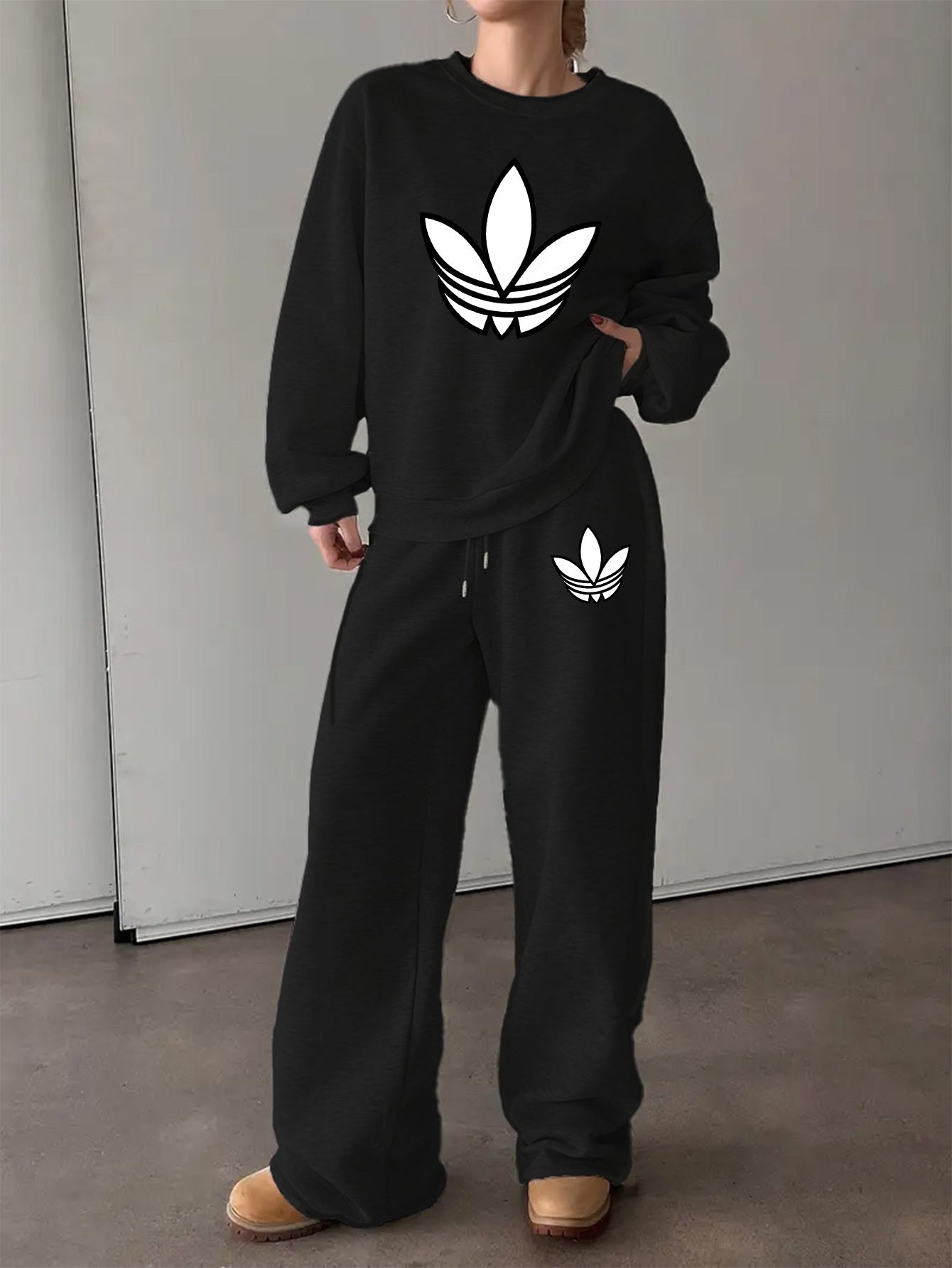 Letter Print Two Piece Set, Crew Neck Sweatshirt & Pants, Women's Clothing