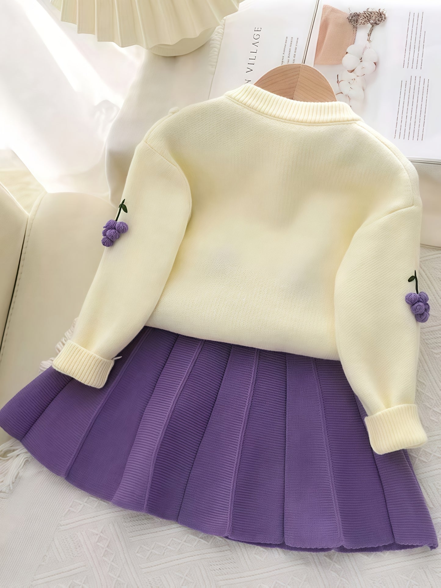 Girls’ 2-Piece Furry Fruit Sweater & Pleated Skirt Set – Cozy Purple Knitwear Outfit for Daily Wear or Parties in Autumn/Winter