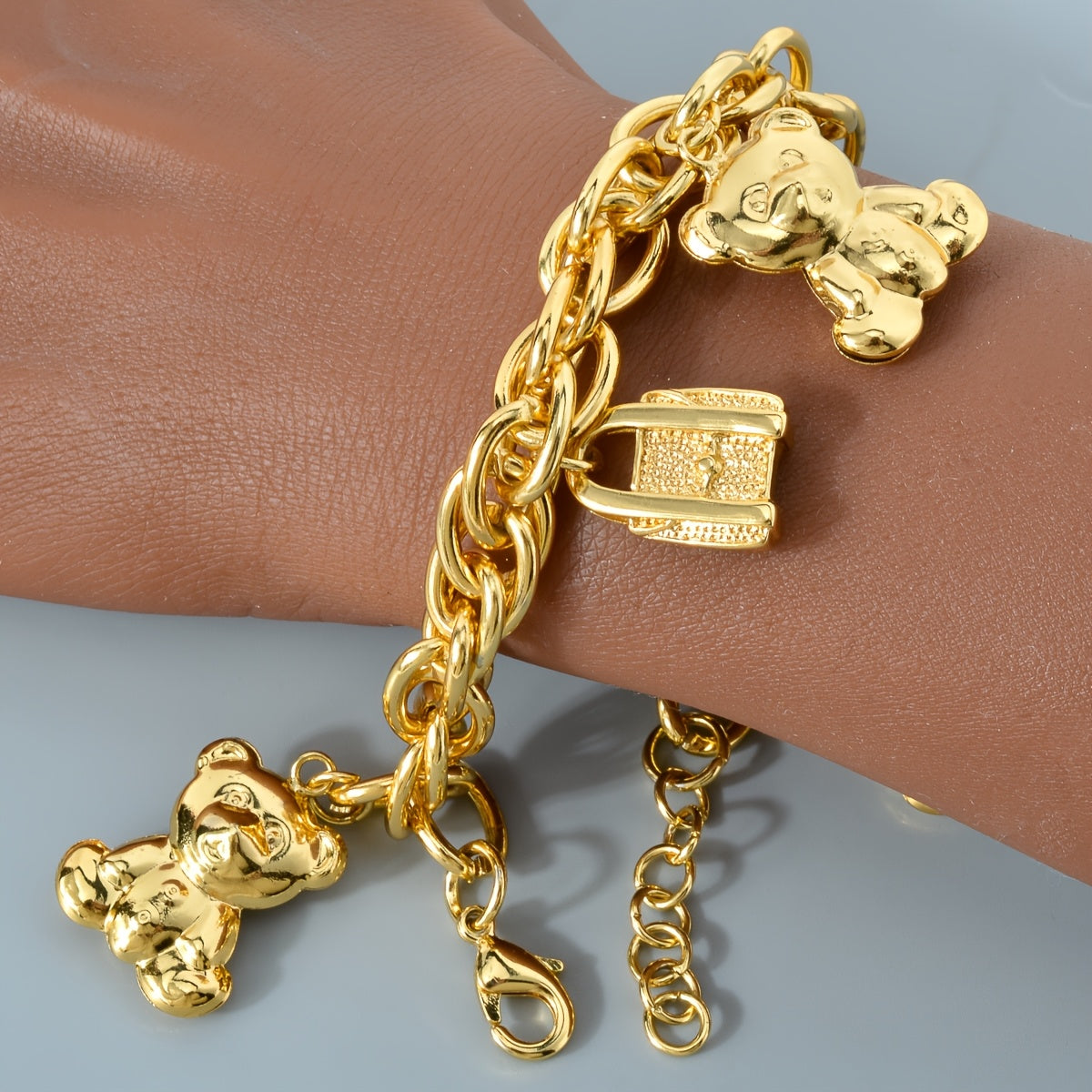 ZEADEAR Golden-Tone Bear & Handbag Charm Bracelet – Cute Copper Jewelry with Teddy Bear and Lock Pendants for Daily Wear or Special Gifts