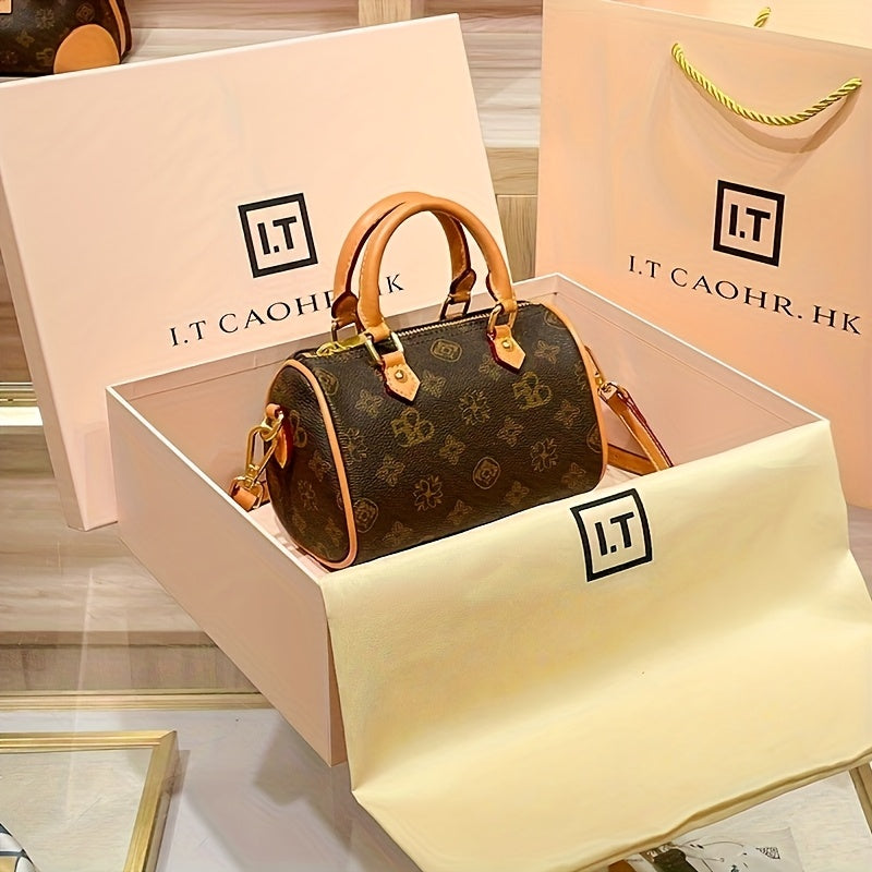 2026 Women’s Retro Mini Crossbody Bag – Coffee Brown Purse with Detachable Strap, Golden-Tone Hardware & String Pattern, Zipper Closure