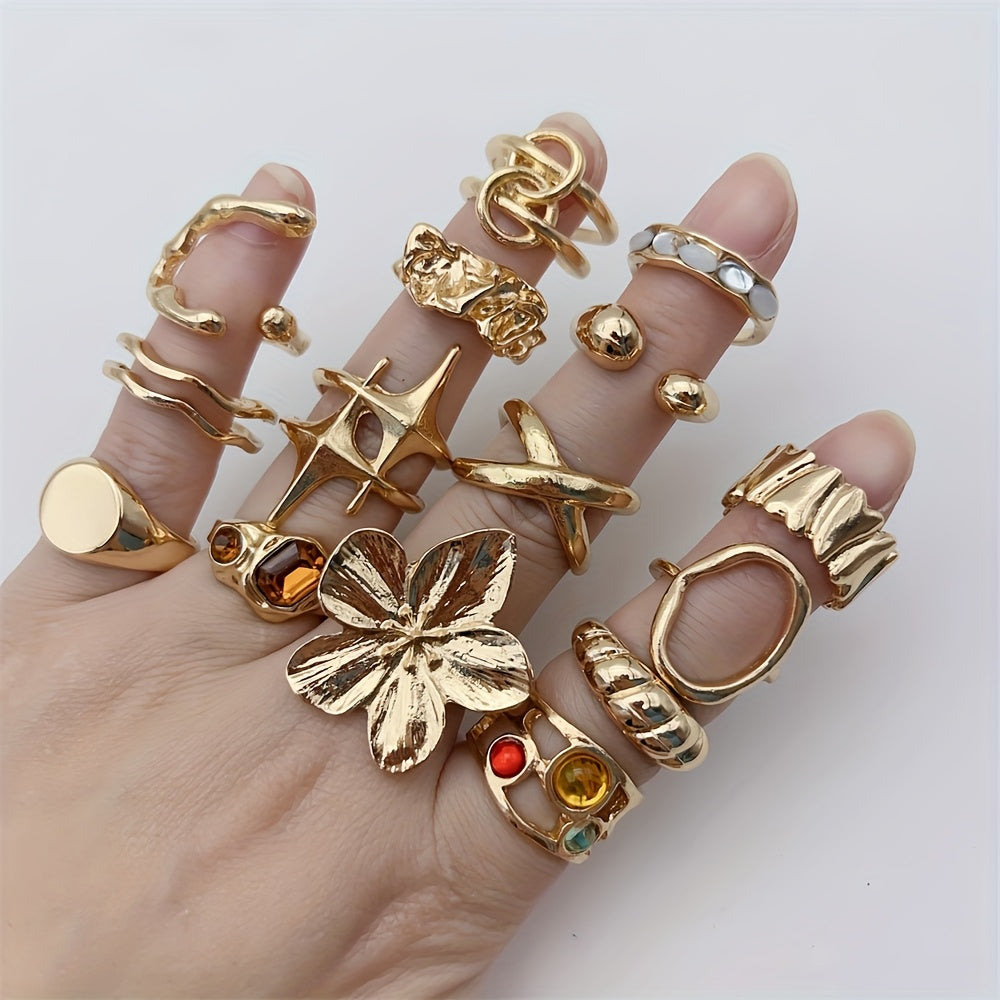 33-Piece Large Flower Ring Set for Women – Mixed Hollow Designs with Colorful Rhinestones & Irregular Heart Shapes, Perfect for Parties & Friendship Gifts