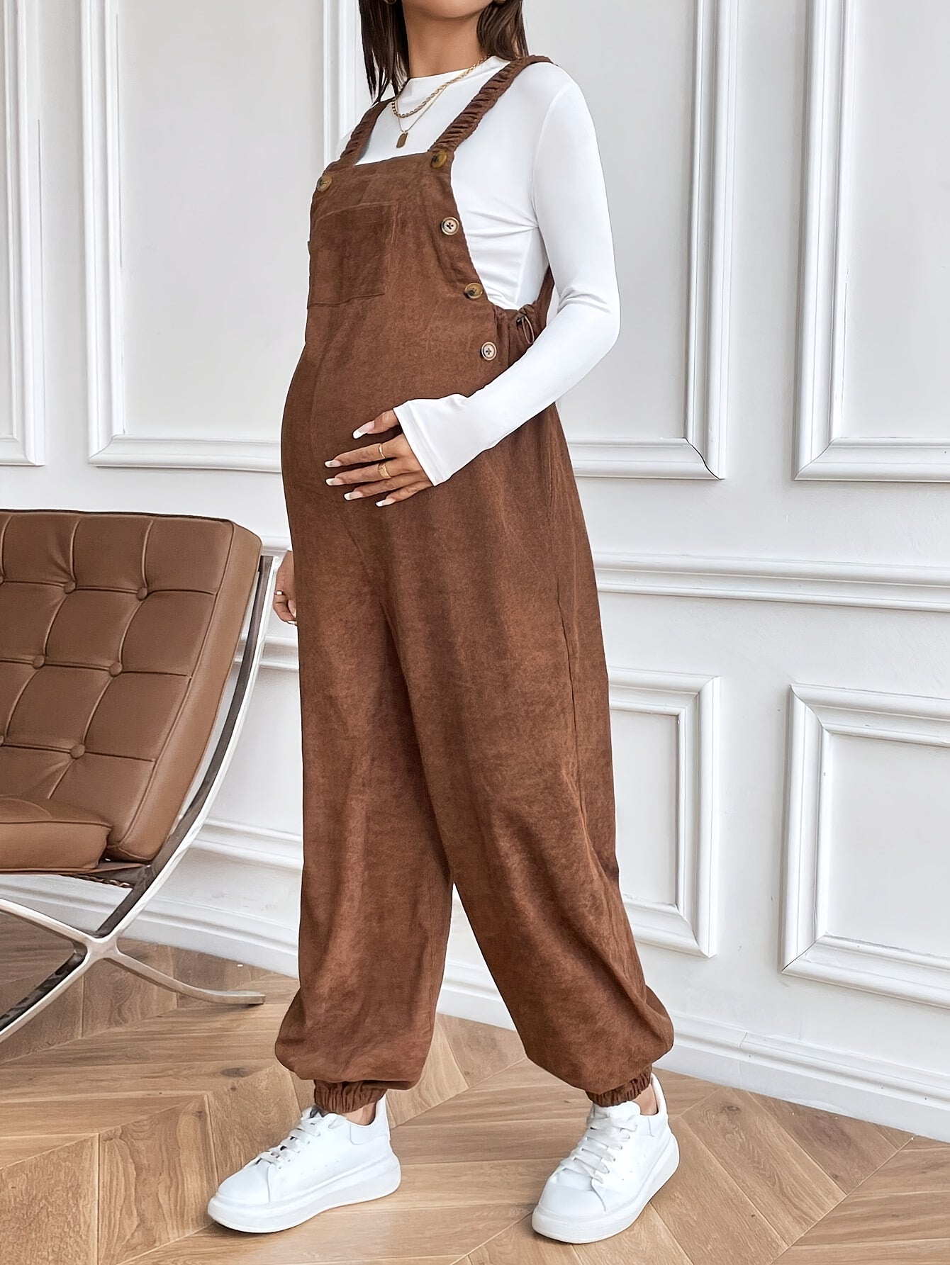 Women’s Maternity Oversized Trousers – Full-Length Corduroy-Style Pregnancy Pants with Adjustable Drawstring Waist & Golden-Tone Buttons