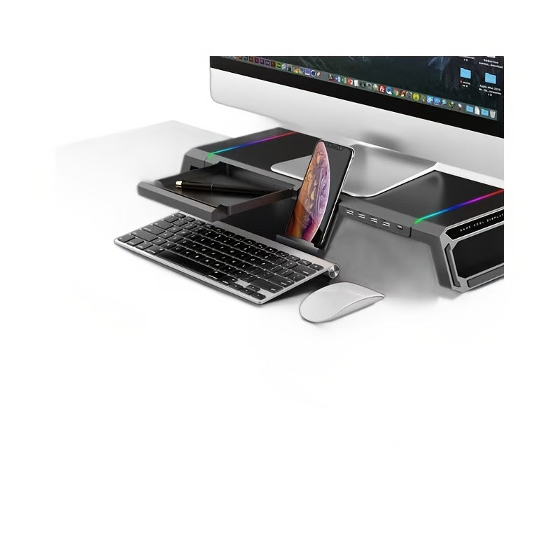 حامل شاشة مزود بأربعة منافذ USB 2.0، وحامل شاشة كمبيوتر بإضاءة RGB مع حامل للهاتف المحمول ودرج تخزين، وحامل شاشة تخزين مكتبي لأجهزة الكمبيوتر الشخصية والمحمولة وأجهزة iMac