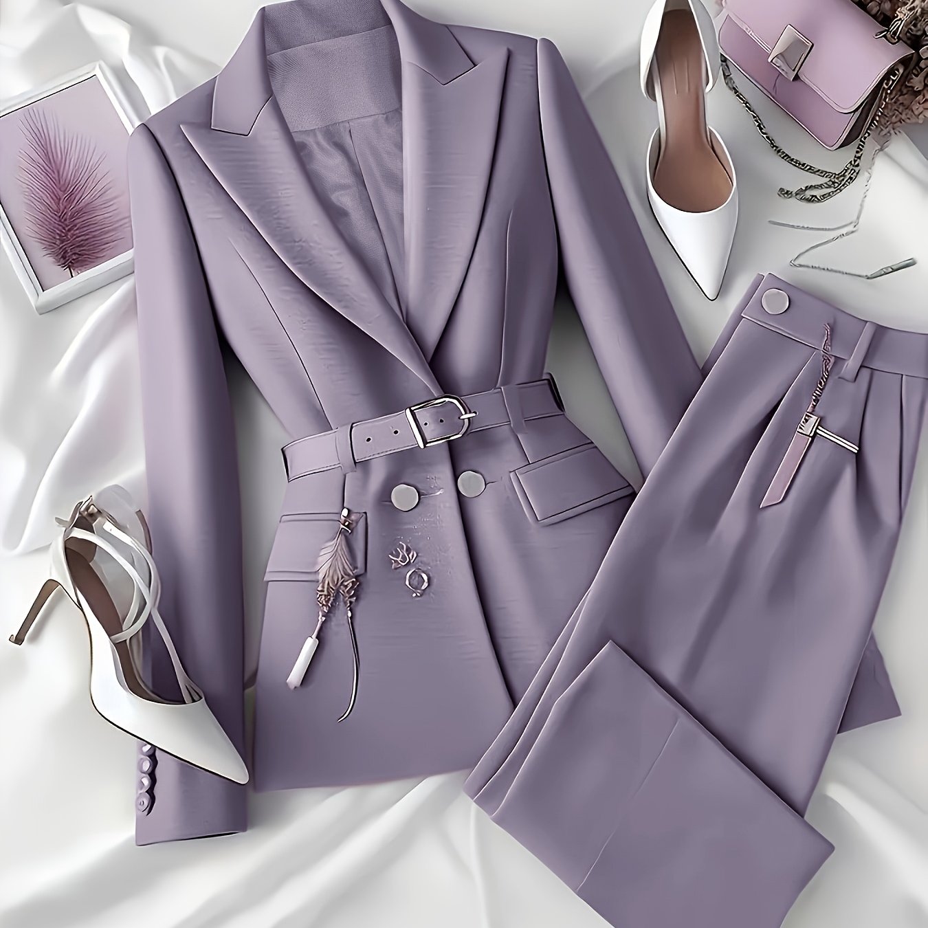 بدلة أنيقة بلون واحد من البليزر مع حزام وبنطال طويل - ملابس مكتب أنيقة لربيع/صيف للنساء مع جيوب