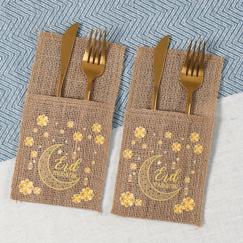Set of 5 Burlap Bags Featuring Flowers, Perfect for Eid And Ramadan. These Bags Can Hold Knives And Forks And Serve As Festive Decorations for Your Home, Ideal for Islamic Muslim Gatherings And Tableware