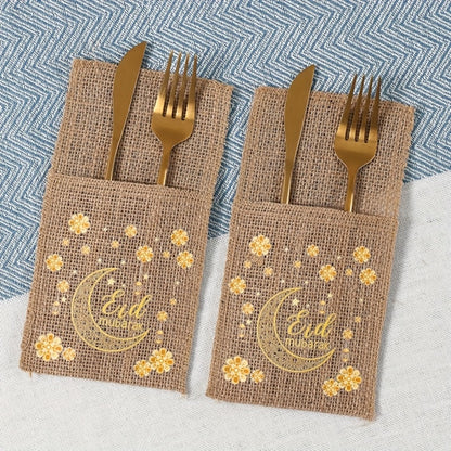 Set of 5 Burlap Bags Featuring Flowers, Perfect for Eid And Ramadan. These Bags Can Hold Knives And Forks And Serve As Festive Decorations for Your Home, Ideal for Islamic Muslim Gatherings And Tableware