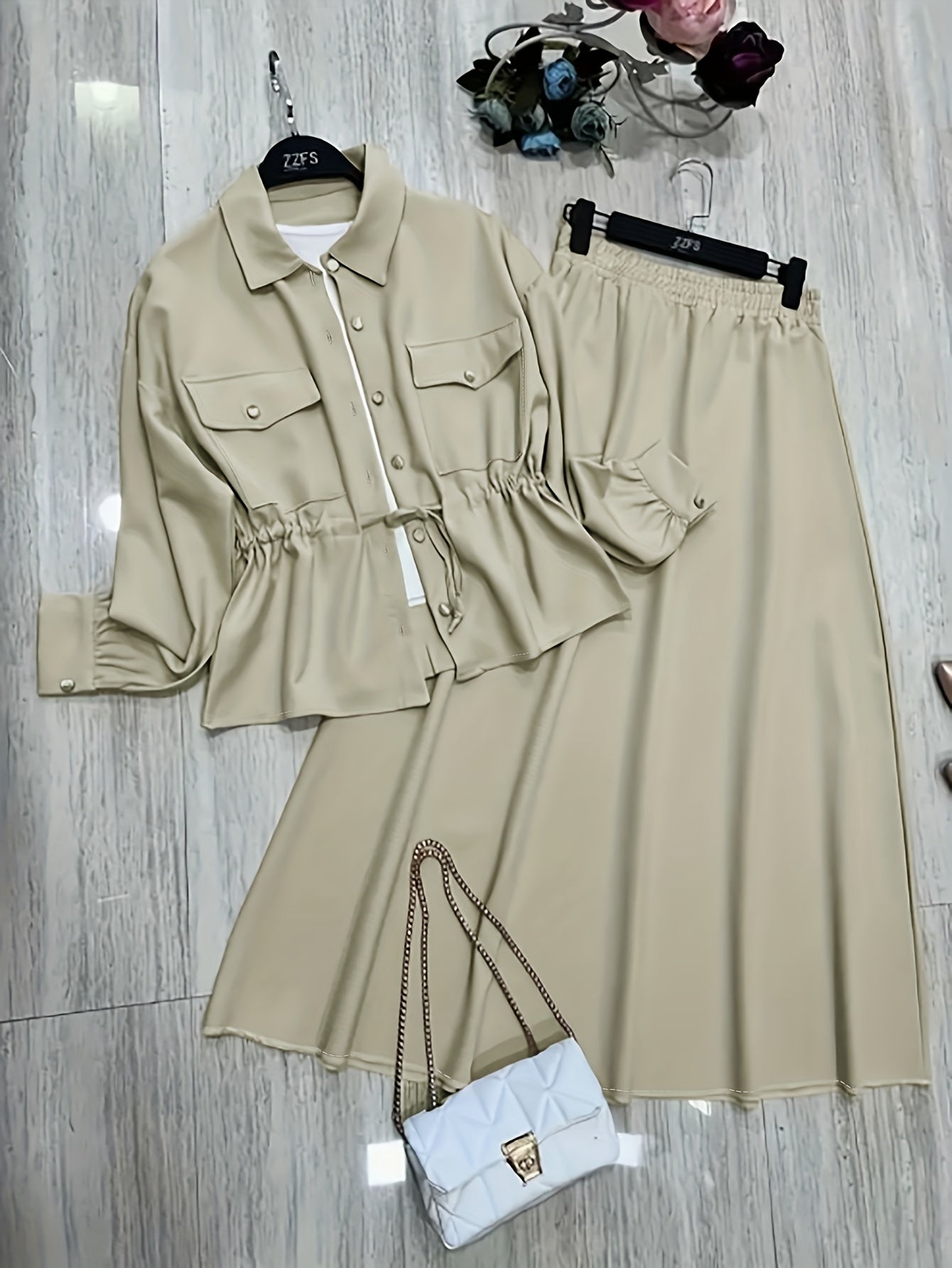 Elegant Women’s Drawstring Waist Top & Skirt Set – Spring/Autumn Collection