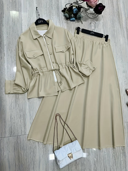 Elegant Women’s Drawstring Waist Top & Skirt Set – Spring/Autumn Collection