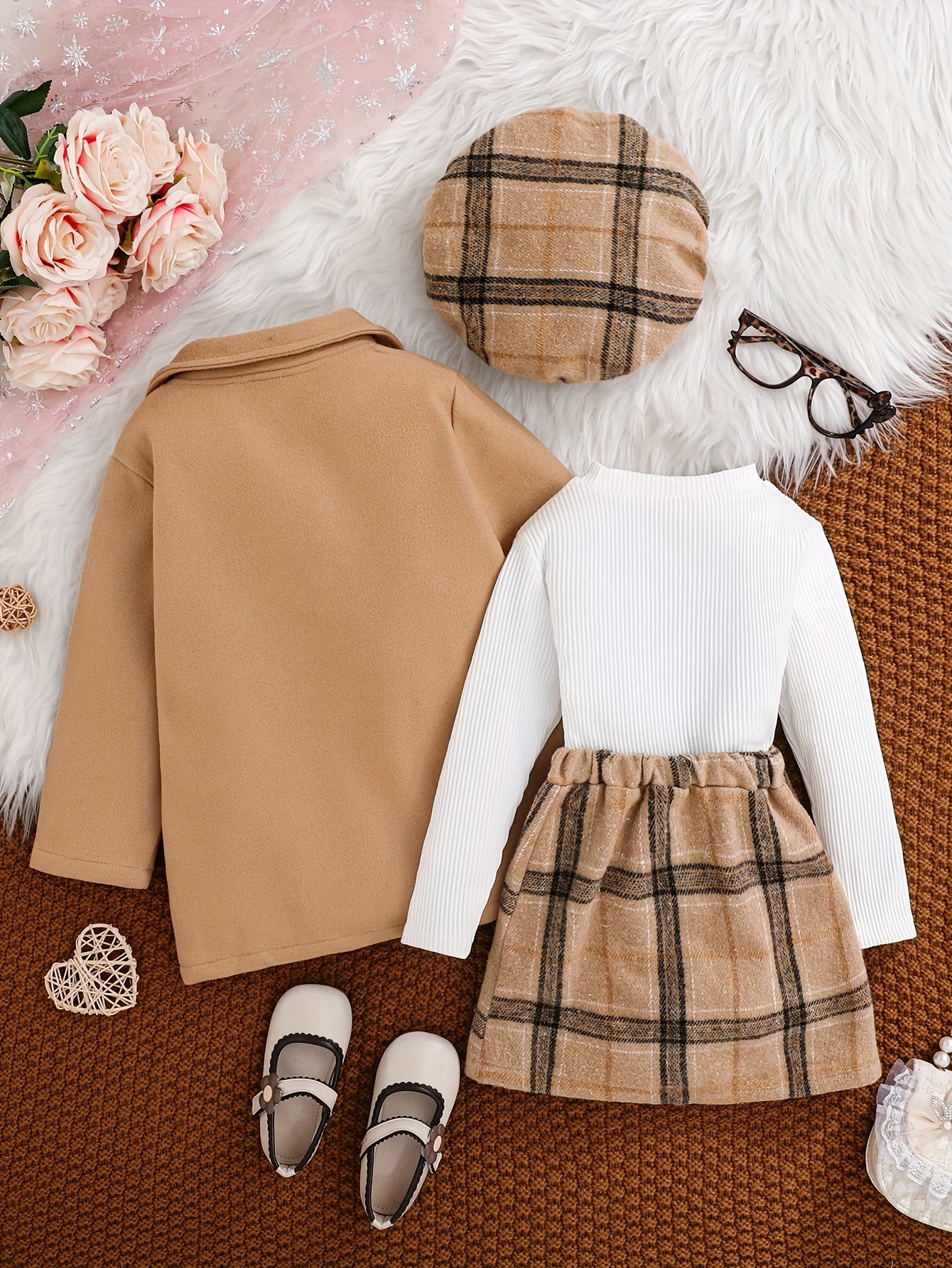 Girls’ 4-Piece Autumn/Winter Fashion Set – Button-Up Coat, Ribbed Long-Sleeve Top, Checkered Elastic-Waist Skirt & Matching Beret