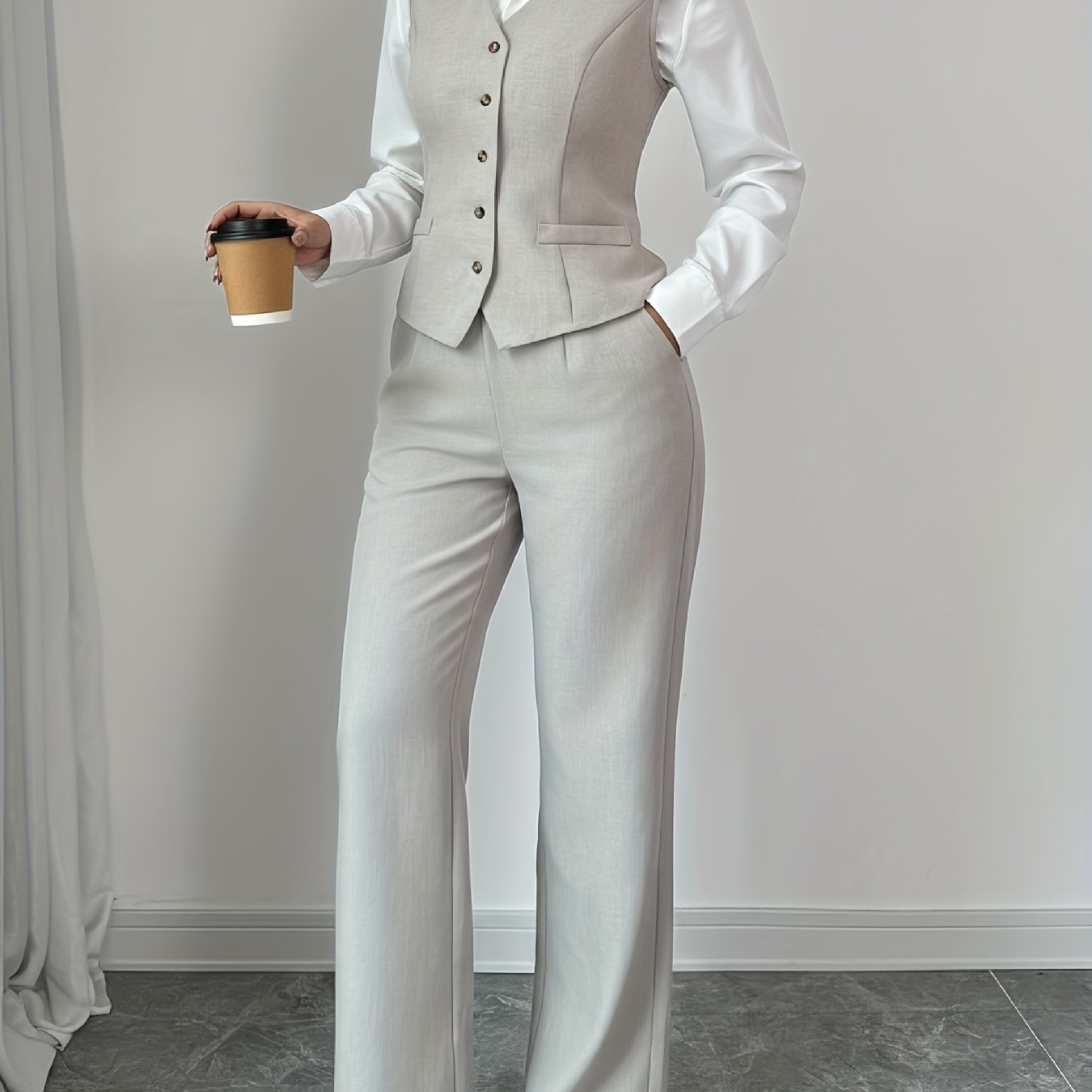 Women’s Sleeveless Cinched-Waist Vest & High-Waisted Wide-Leg Pants Set – Elegant Solid-Color Summer Two-Piece Outfit