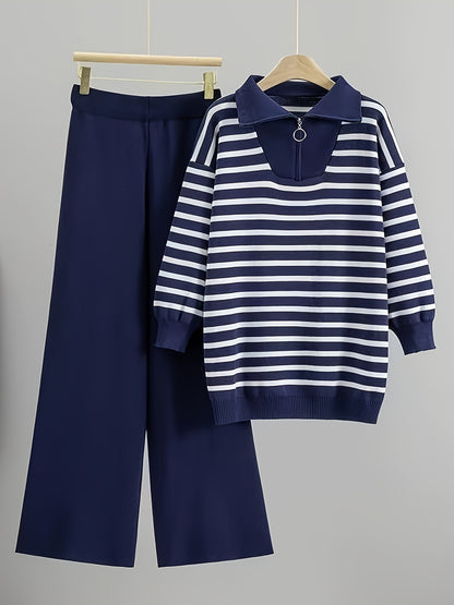 طقم هودي وبنطال مخطط عتيق للنساء - طقم بني مريح من قطعتين لفصل الخريف/الشتاء مع ياقة واقفة وأكمام طويلة وقصة فضفاضة غير رسمية