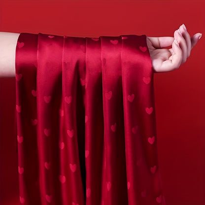 Women’s Elegant Red Heart-Pattern Pajama Set – Soft Long-Sleeve Top & Pants with Lapel Collar and Button Details for Spring/Fall