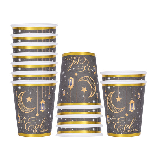 ٢٠/٤٠/٦٠ قطعة من أكواب ورقية أنيقة للاستخدام مرة واحدة باللونين الأسود والذهبي، سعة ٩ أونصات، مزينة بحواف ذهبية، مطبوعة بنقشة القمر والنجمة والفانوس، مثالية لاحتفالات رمضان وكريم وعيد الحب وعيد الفصح.