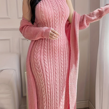 Women’s Elegant Khaki Knit Two-Piece Set – Round Neck Cardigan Top & Sleeveless Braided Texture Dress, Chic Autumn/Winter Outfit for Dates & Parties